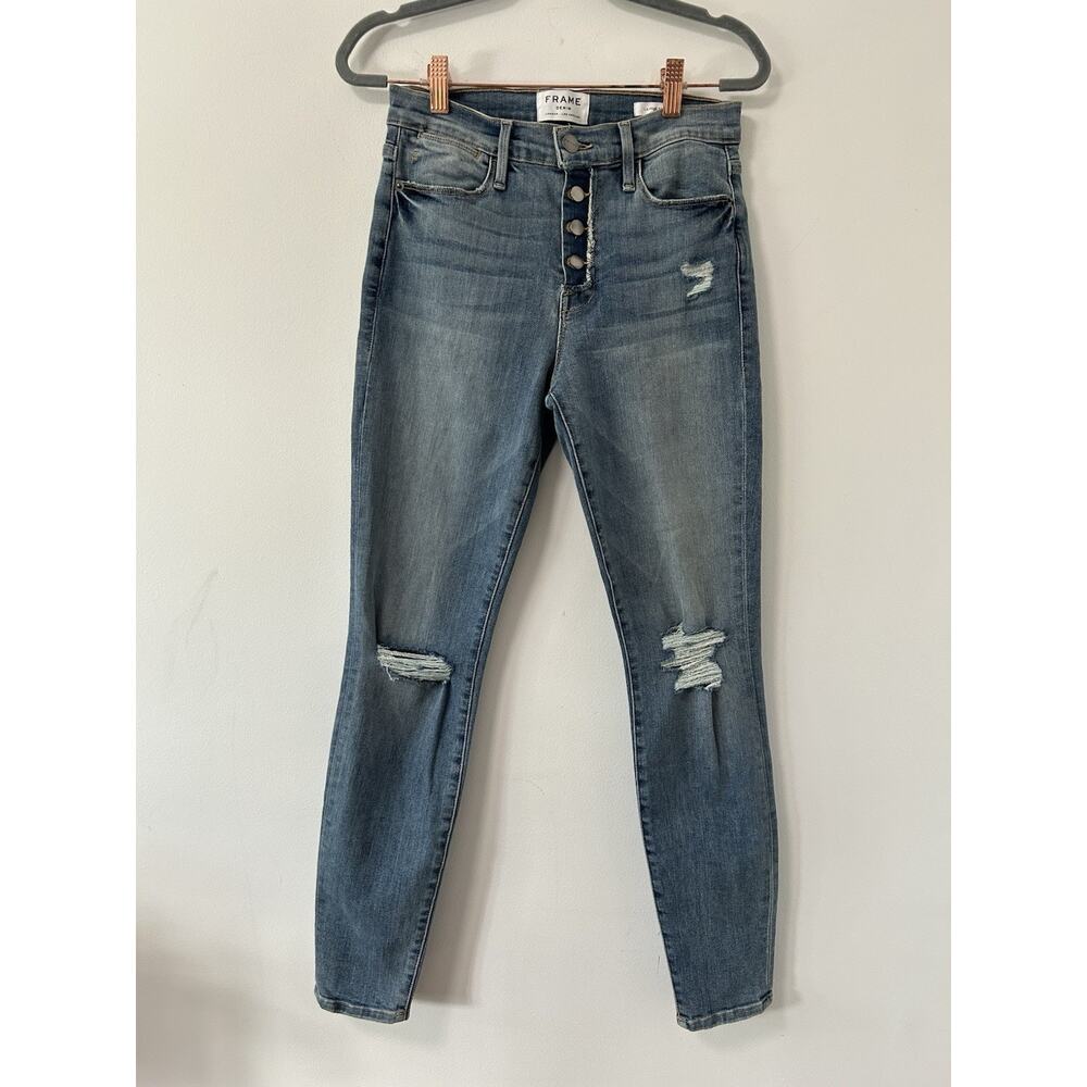 Frame Stretch Skinny Jeans Distressed Le High Size 27 Exposed Button Fly Blue
